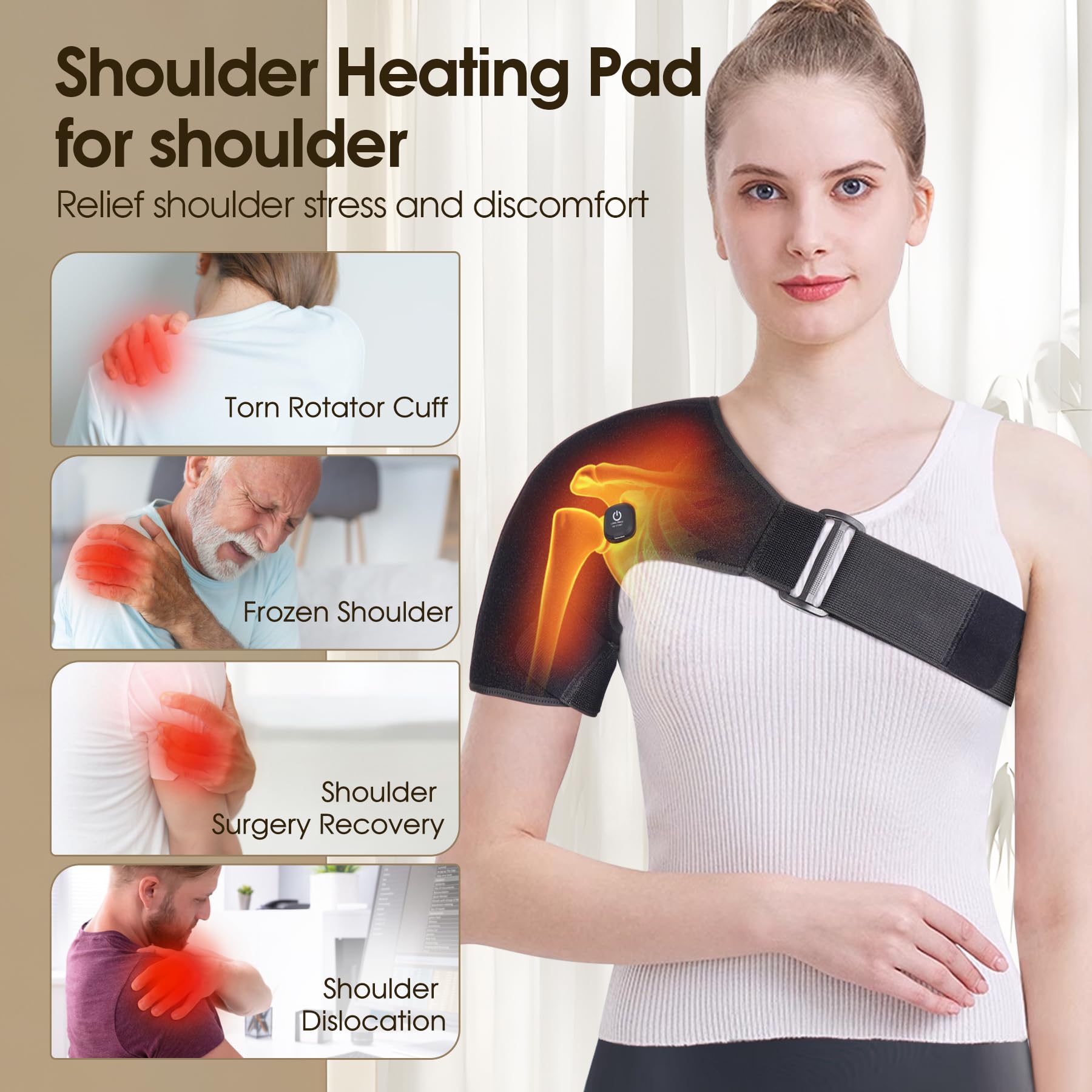 COMFYTHERA shoulder wrap displays two heat settings for adjustable comfort.