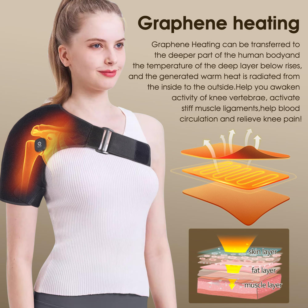 COMFYTHERA wrap worn on the left shoulder for targeted warmth during work.