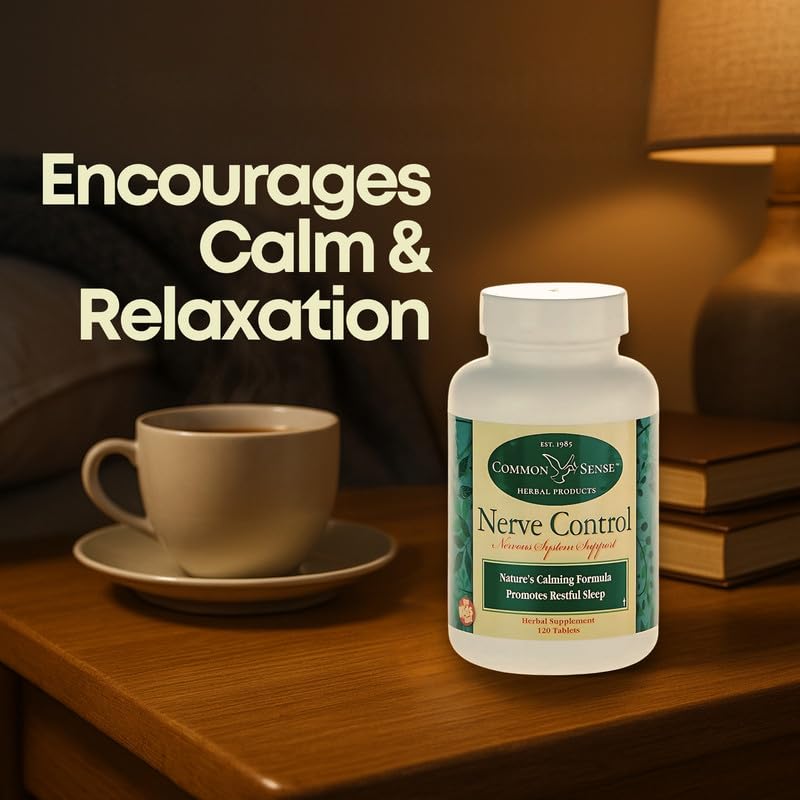 Common Sense Herbal Products Nerve Control bottle with a glass of water for easy intake.