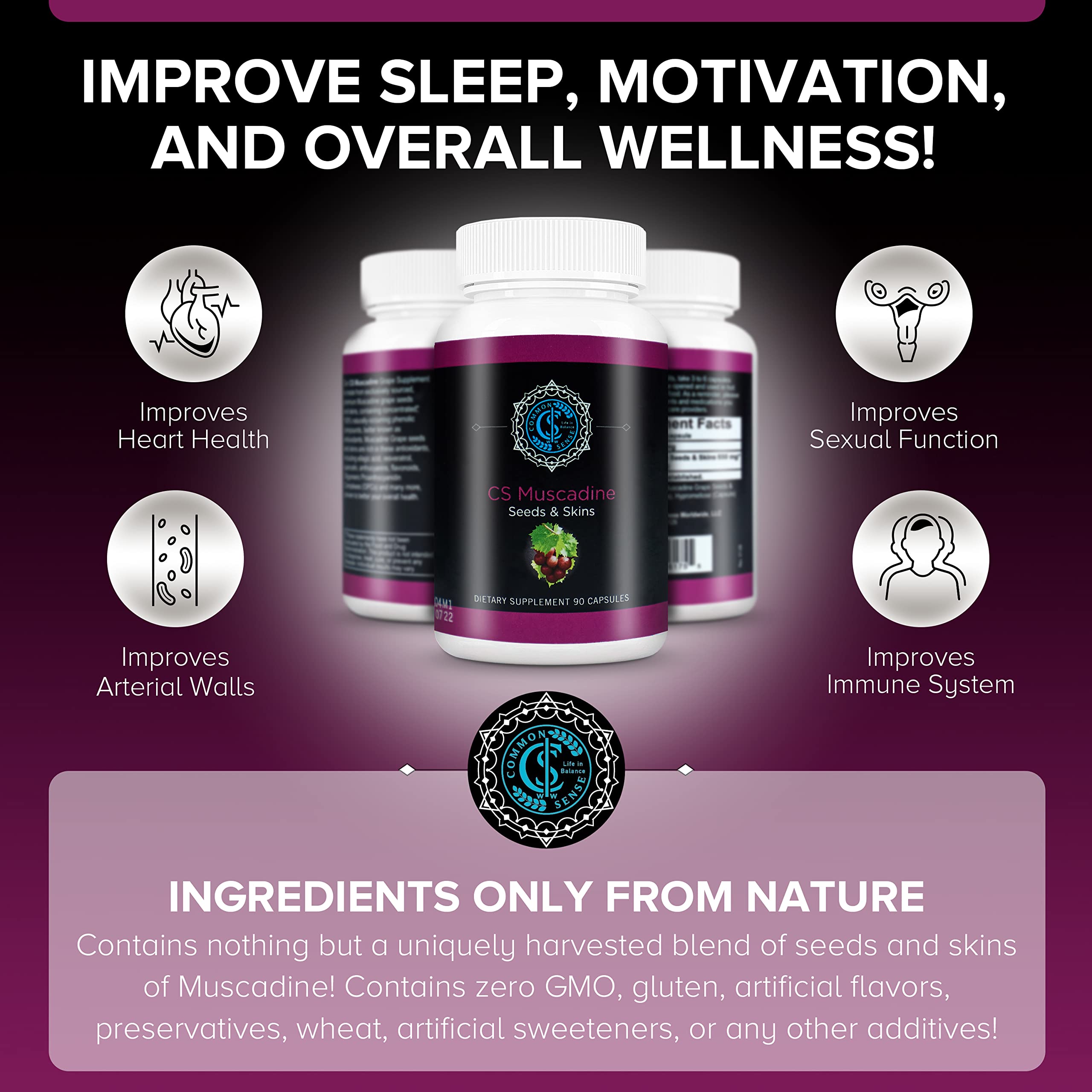 Common Sense Pure Muscadine label on bottle front with health-focused design
