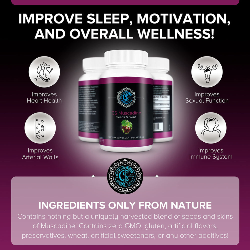 Common Sense Pure Muscadine label on bottle front with health-focused design