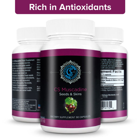 Common Sense Pure Muscadine seeds and skins close-up showing natural ingredients and polyphenols
