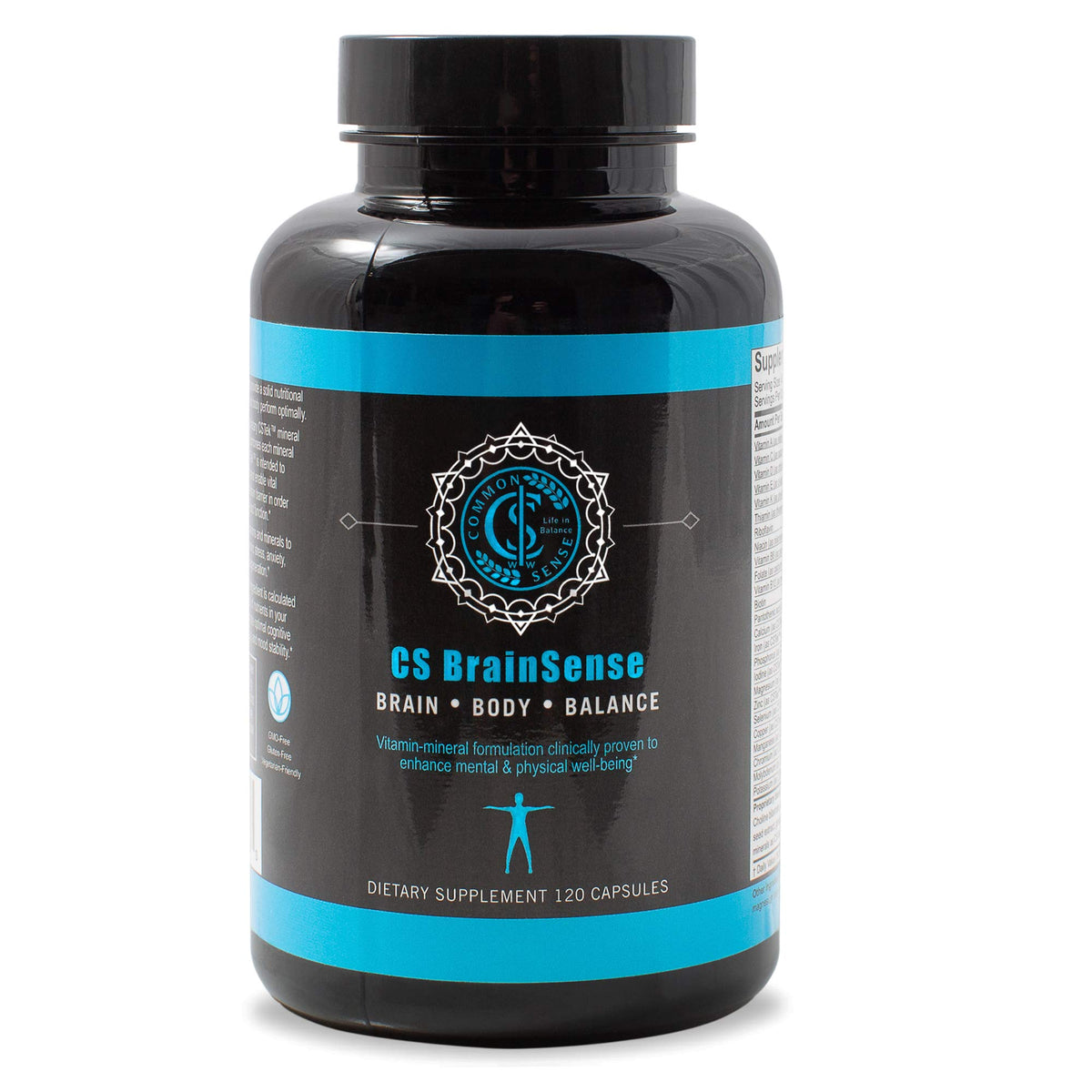 BrainSense bottle front by Common Sense Wellness Worldwide showing mood support for daily focus.