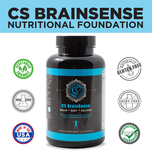 Pouring BrainSense bottle illustrating easy daily dosing for focus and mood.