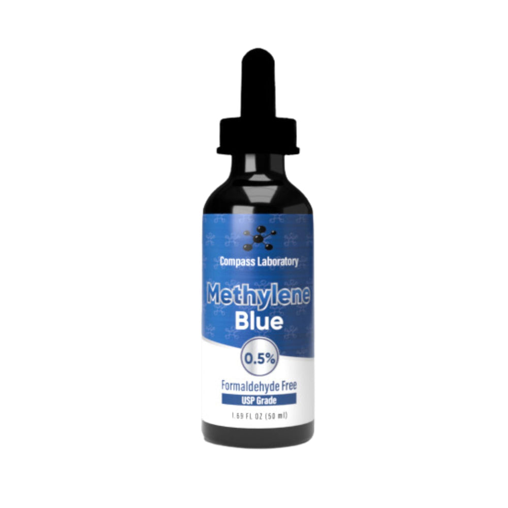 COMPASS LABORATORY Methylene Blue bottle shows pure USP-grade formula for daily use.