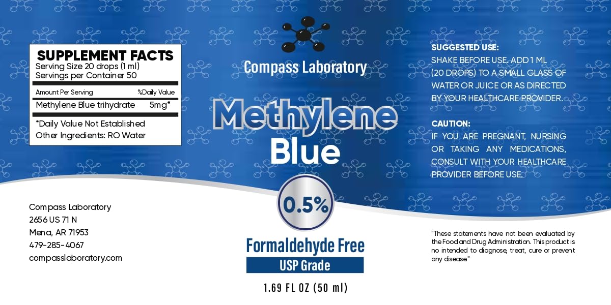 COMPASS LABORATORY Methylene Blue dispense bottle demonstrates easy dosing for convenient habits.