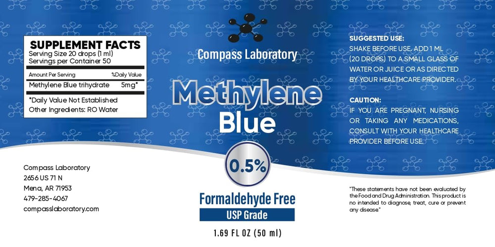COMPASS LABORATORY Methylene Blue dispense bottle demonstrates easy dosing for convenient habits.