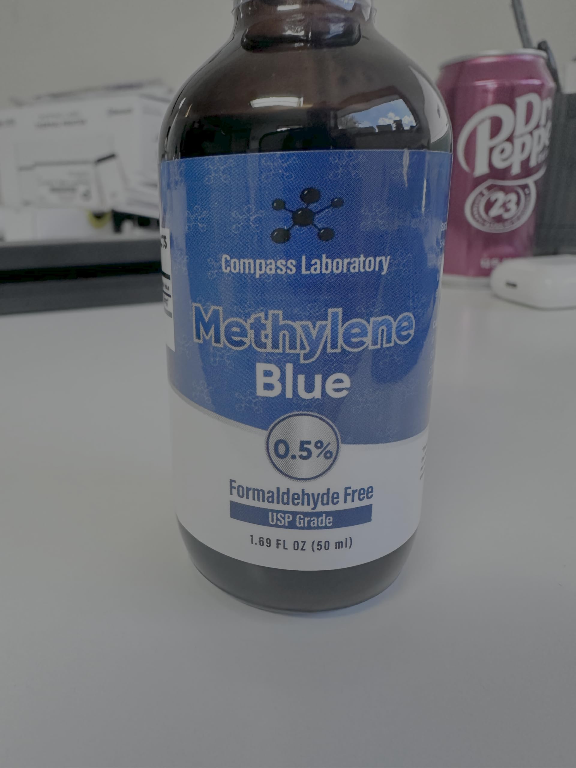 COMPASS LABORATORY Methylene Blue label highlights purity and USP standards for trust.