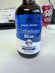 COMPASS LABORATORY Methylene Blue label highlights purity and USP standards for trust.