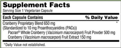 Compatible with Nature Cranberry 650 mg capsules label highlighting vegetarian capsules