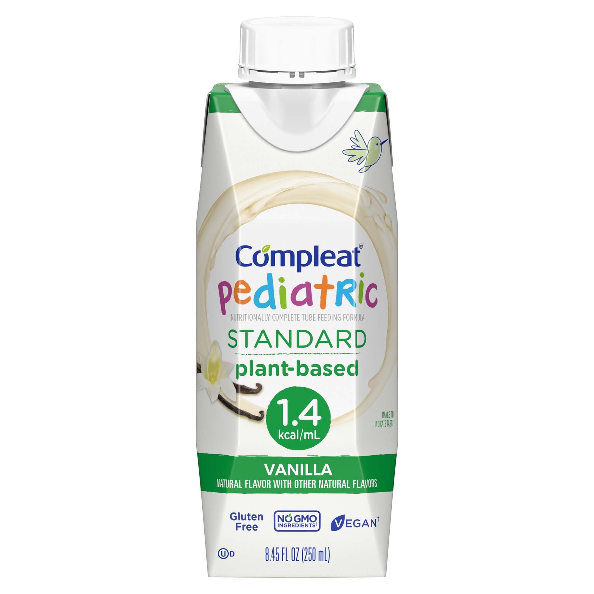 Compleat Pediatric Standard 1.4 Cal Vanilla carton front, plant-based nutrition for kids.