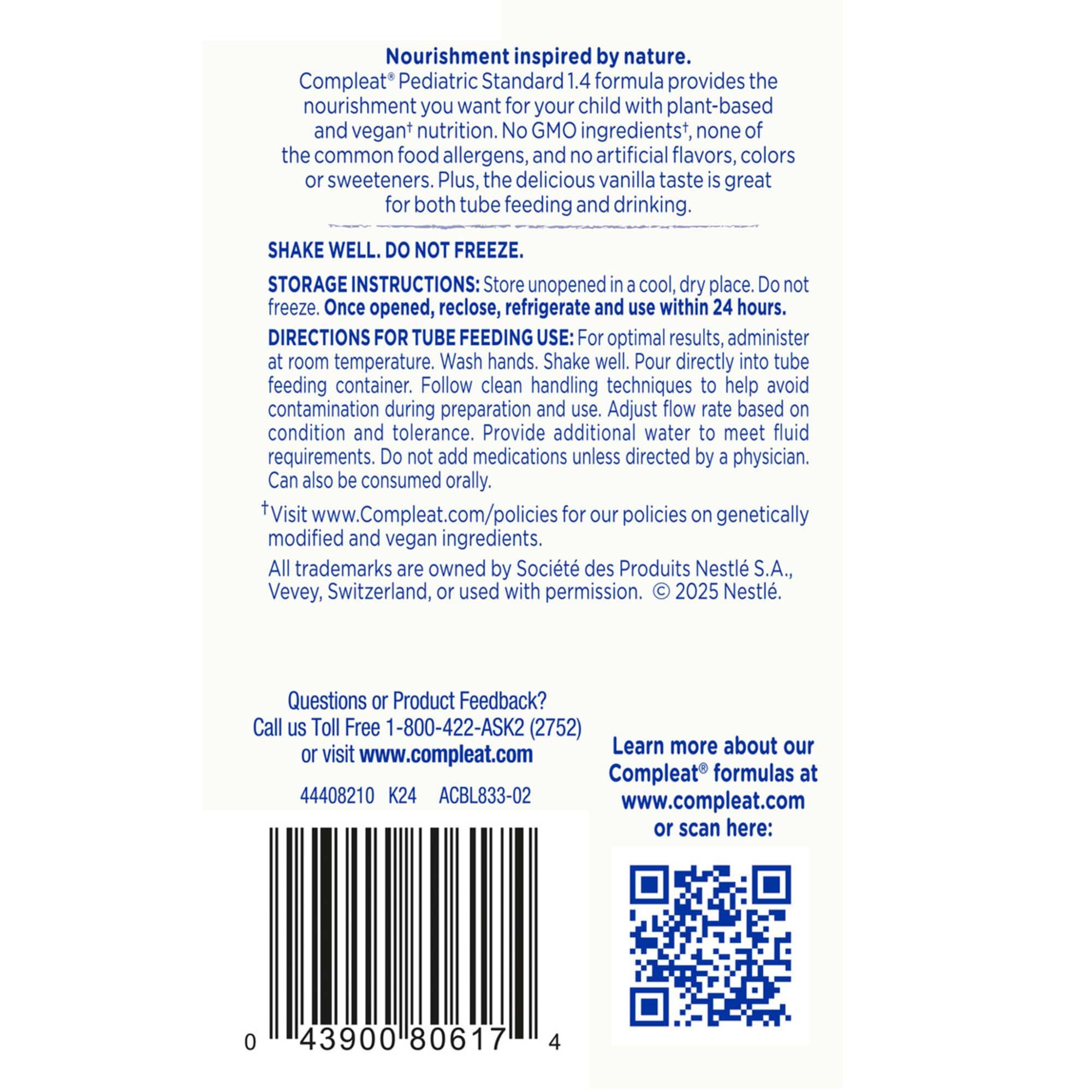 Compleat Pediatric Standard 1.4 Cal Vanilla no artificial flavors label.