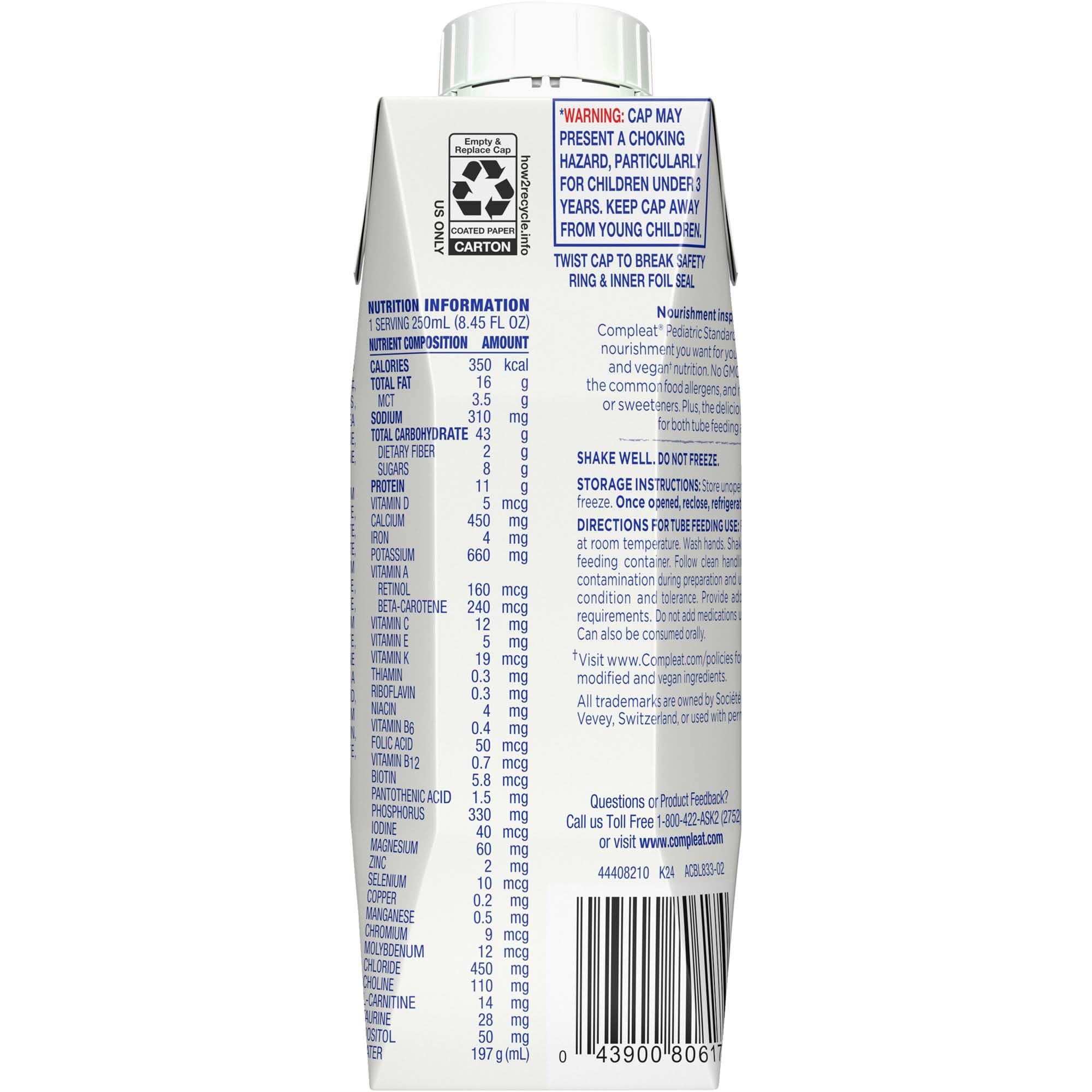 Compleat Pediatric Standard 1.4 Cal Vanilla ingredient panel, pea protein source.
