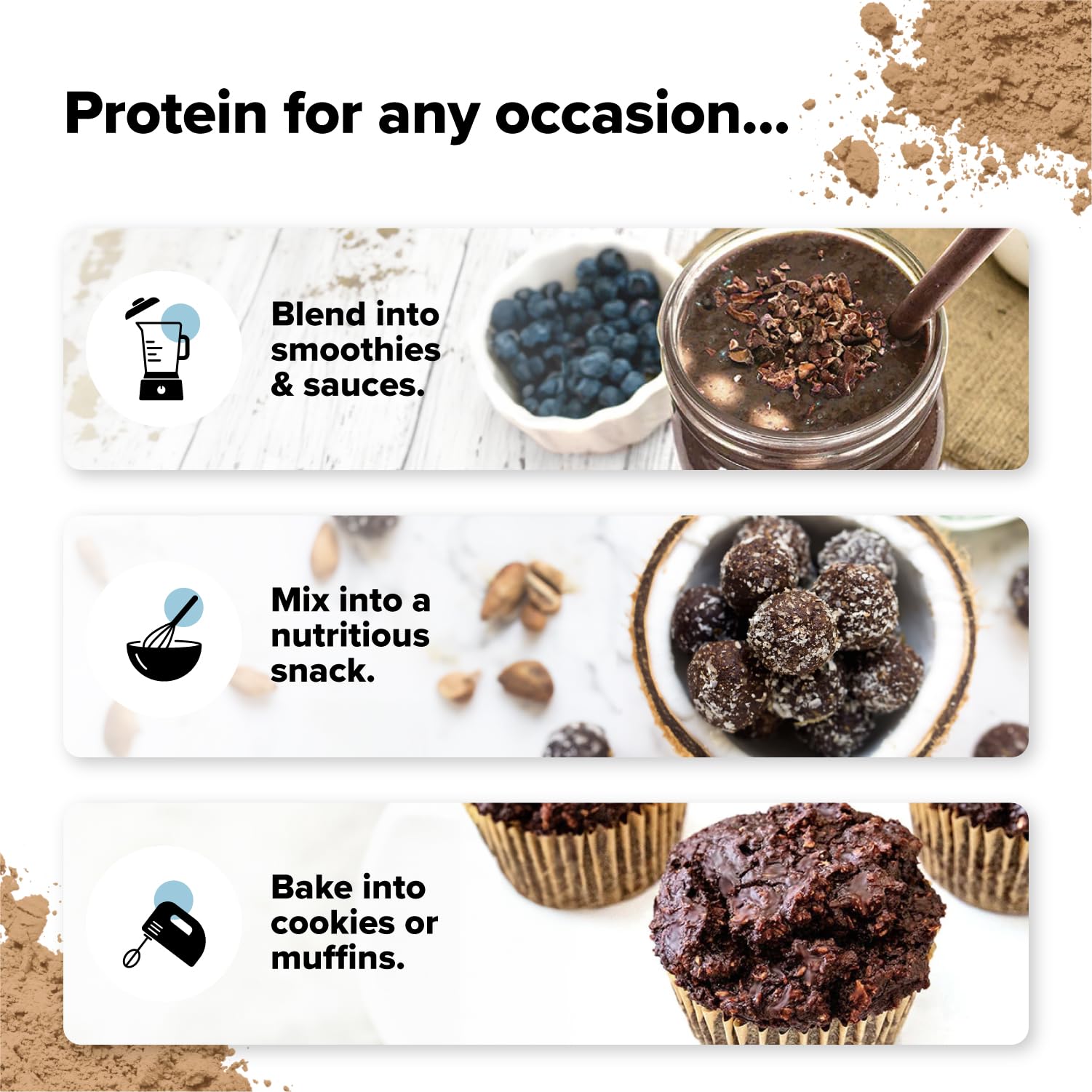 Complement chocolate protein powder shake glass shows smooth texture for quick meals.