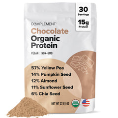 Complement chocolate vegan protein powder canister for shakes with a rich flavor and protein boost.