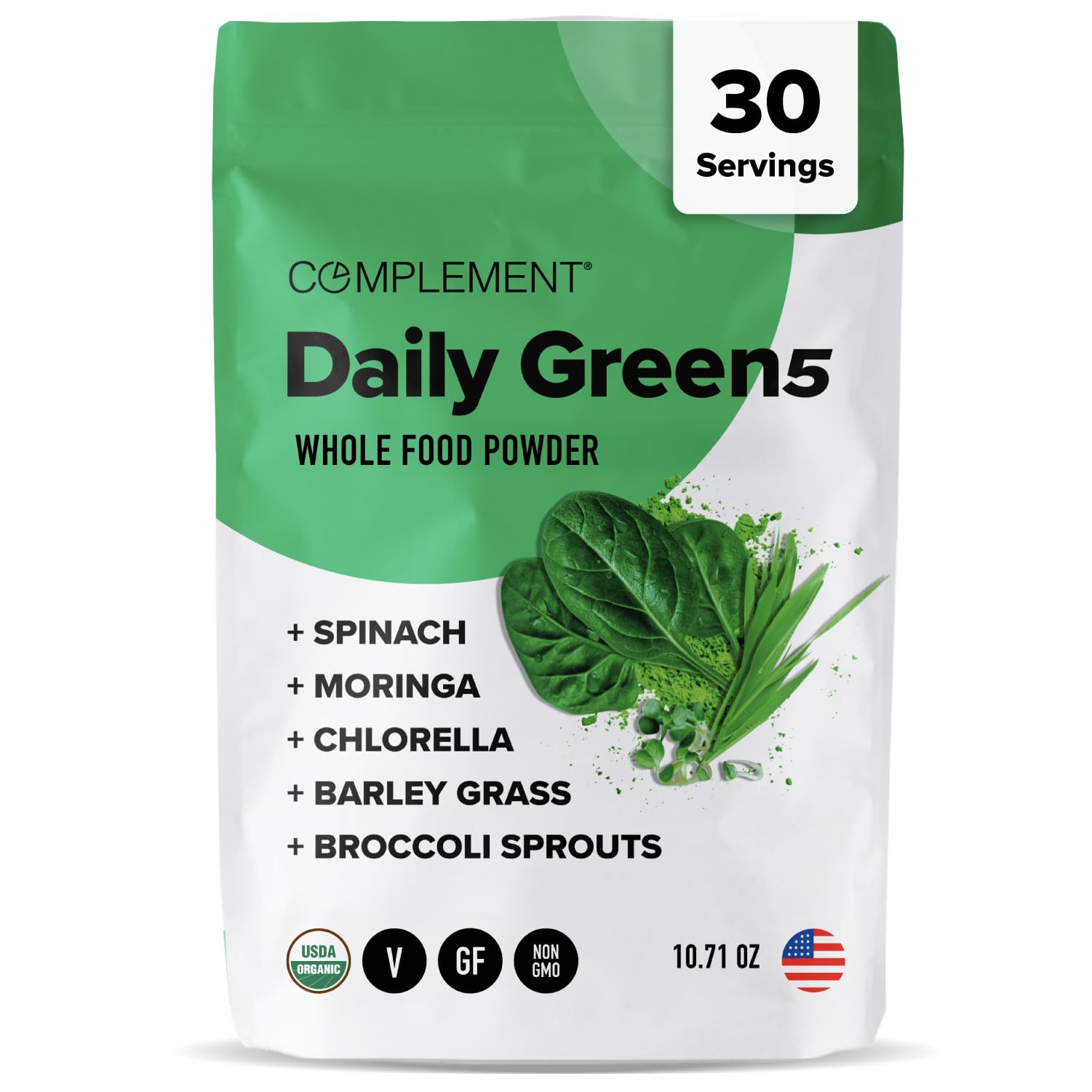 Complement Daily Greens Powder bottle on counter for convenient daily greens