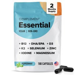 Complement Essential vegan multivitamin bottle front with capsules for daily energy support.