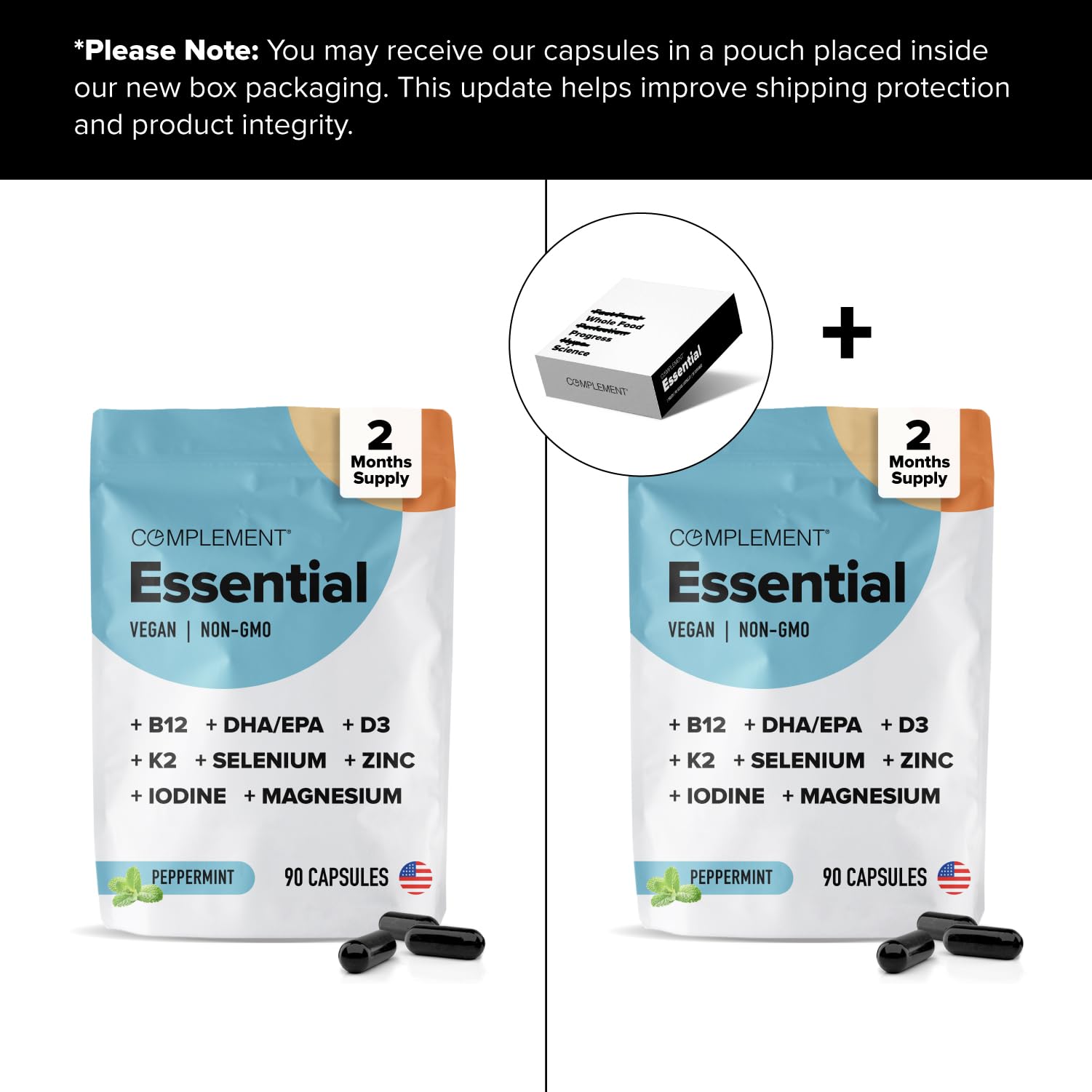 Complement Essential vegan multivitamin iodine magnesium duo supports thyroid function and energy.