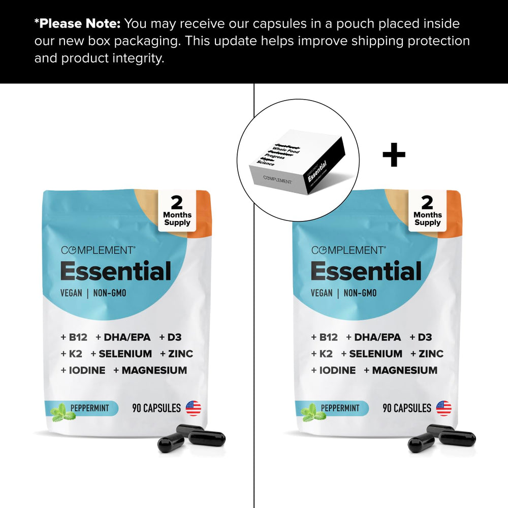 Complement Essential vegan multivitamin iodine magnesium duo supports thyroid function and energy.