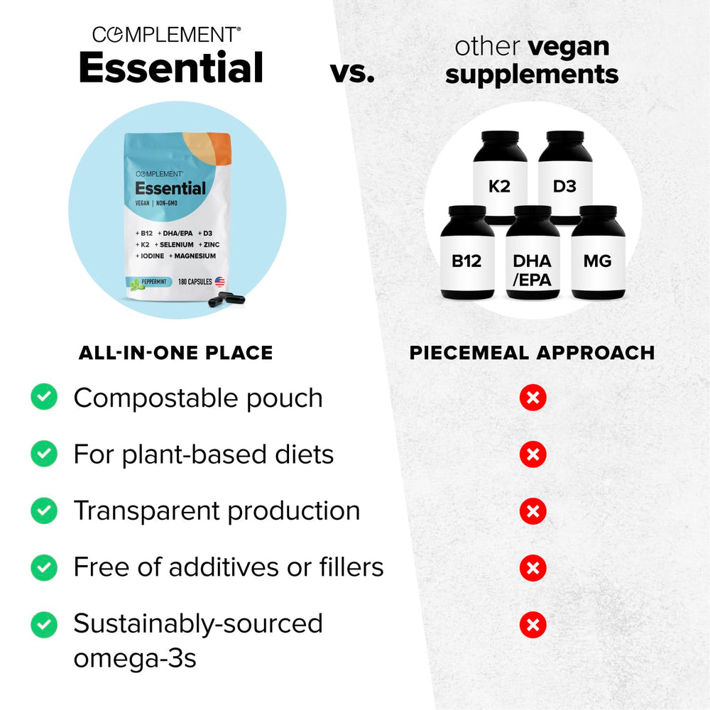 Complement Essential vegan multivitamin omega-3 softgels highlight heart and brain support.