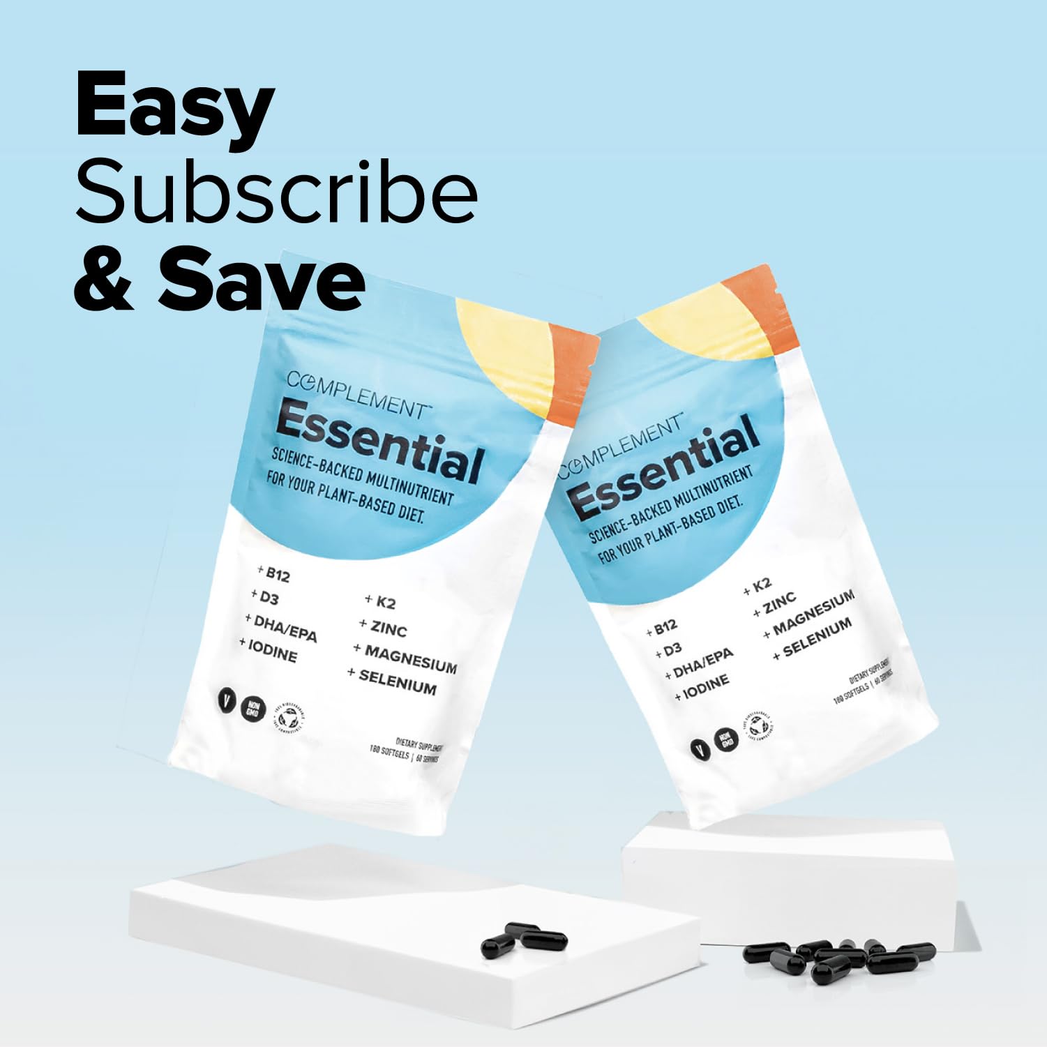 Complement Essential vegan multivitamin comes in sustainably sourced packaging.
