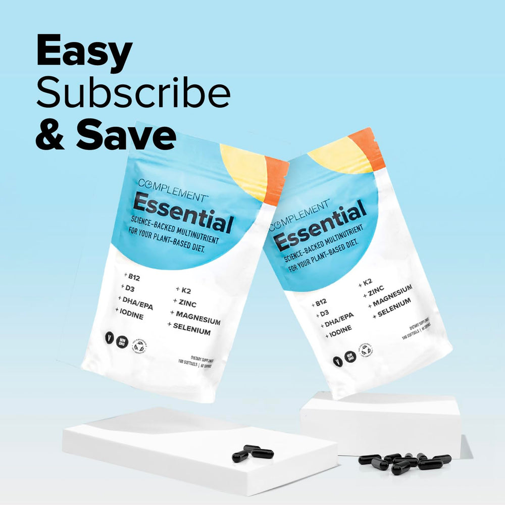 Complement Essential vegan multivitamin comes in sustainably sourced packaging.