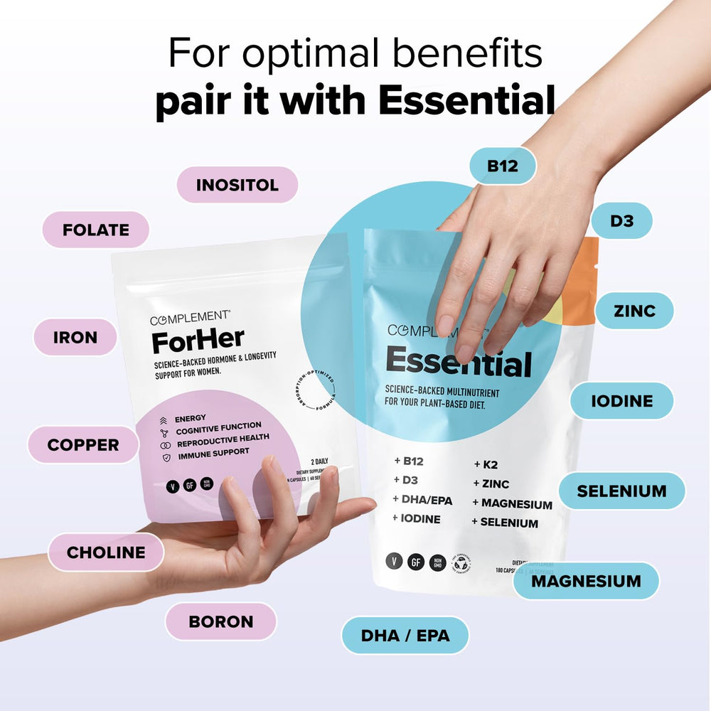 Complement ForHer bottle label closeup shows essential nutrients