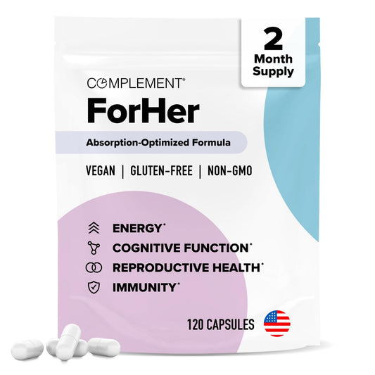 Complement ForHer multivitamin bottle front supports daily women's wellness