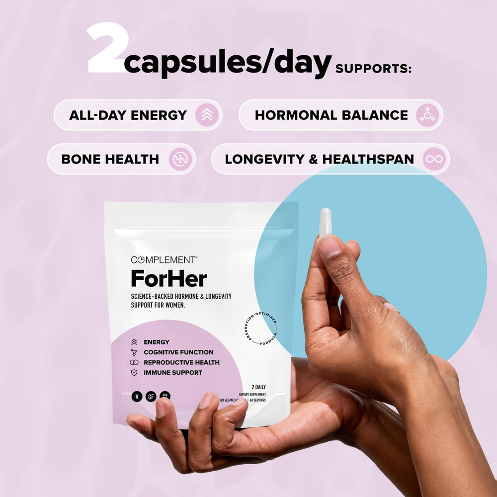Complement ForHer tablet closeup highlights iron and B9 content