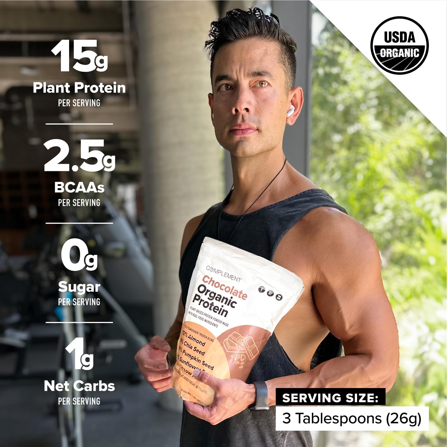 Complement organic chocolate protein powder packaging highlights organic ingredients and non-GMO quality.