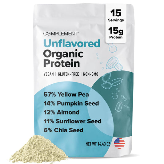 Complement Organic Unflavored Protein Powder packaging showing clean vegan labeling