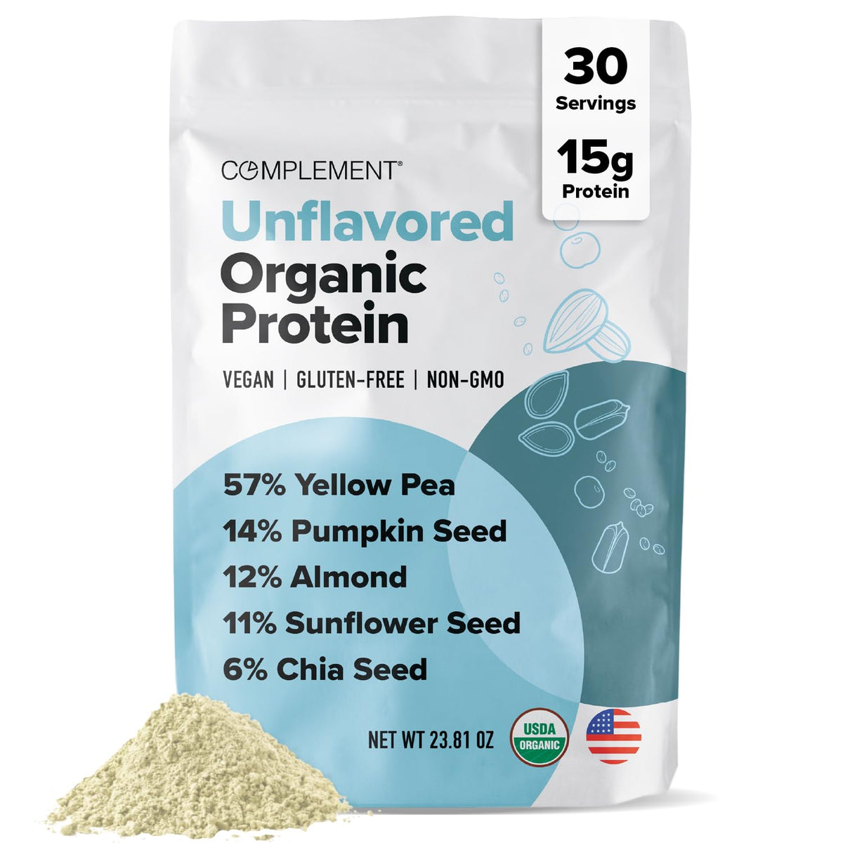 Complement Organic Unflavored vegan protein powder being poured from the bag.