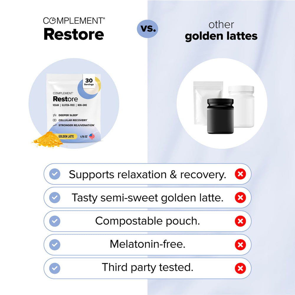 Complement Restore Golden Latte features adaptogens like reishi and ashwagandha