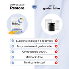 Complement Restore Golden Latte features adaptogens like reishi and ashwagandha