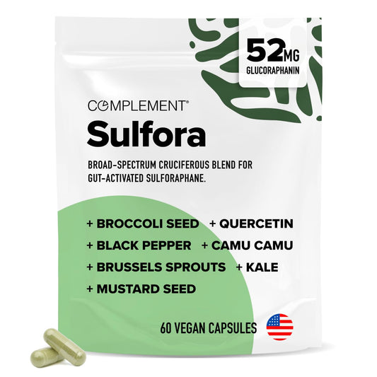 Complement Sulfora bottle pour demonstrates easy daily dosing for detox support.