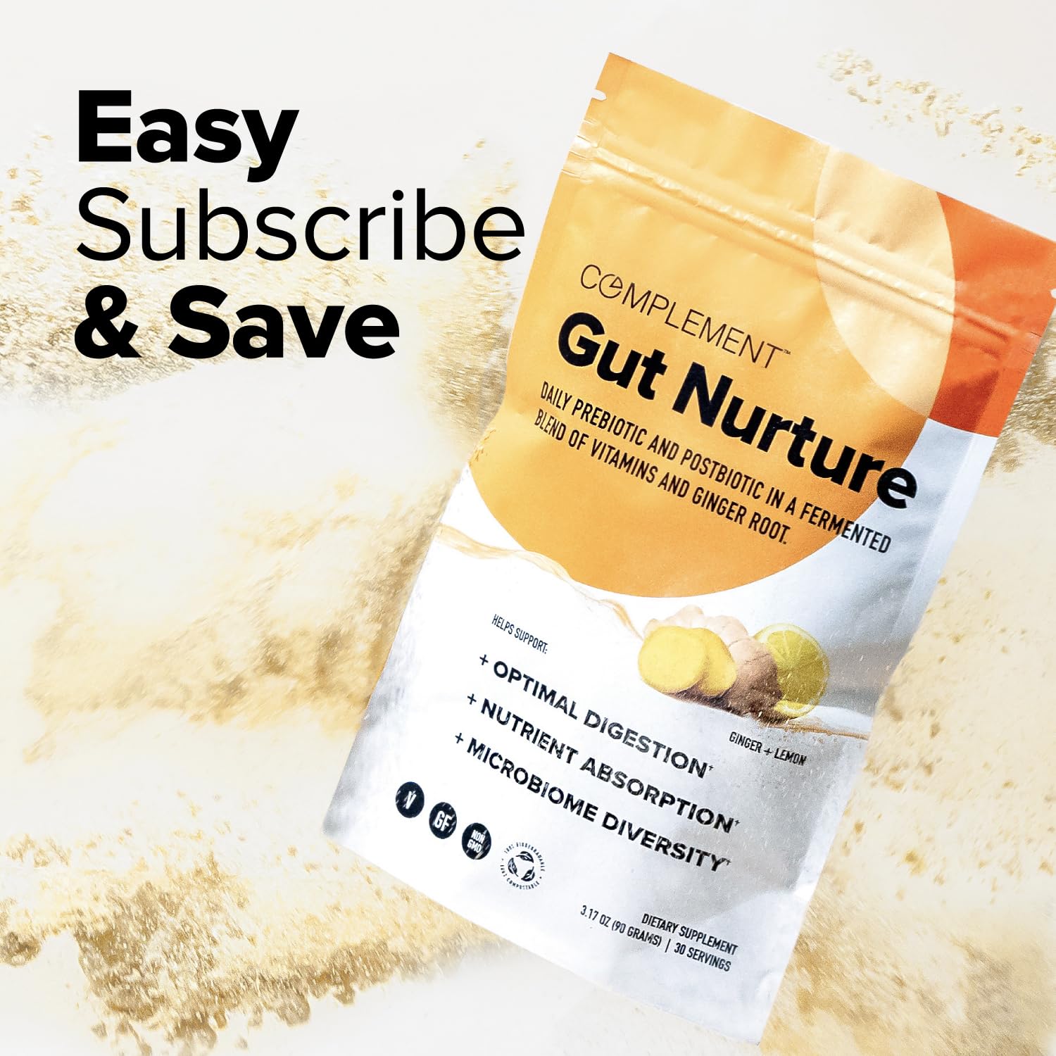 Complement Gut Nurture third-party testing label ensures transparency.