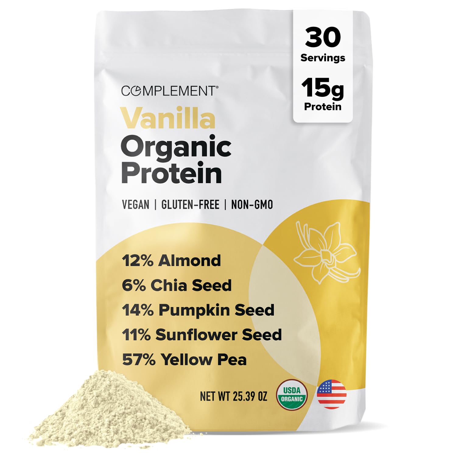 Complement Vanilla Organic Protein Powder on the counter ready for a smoothie boost