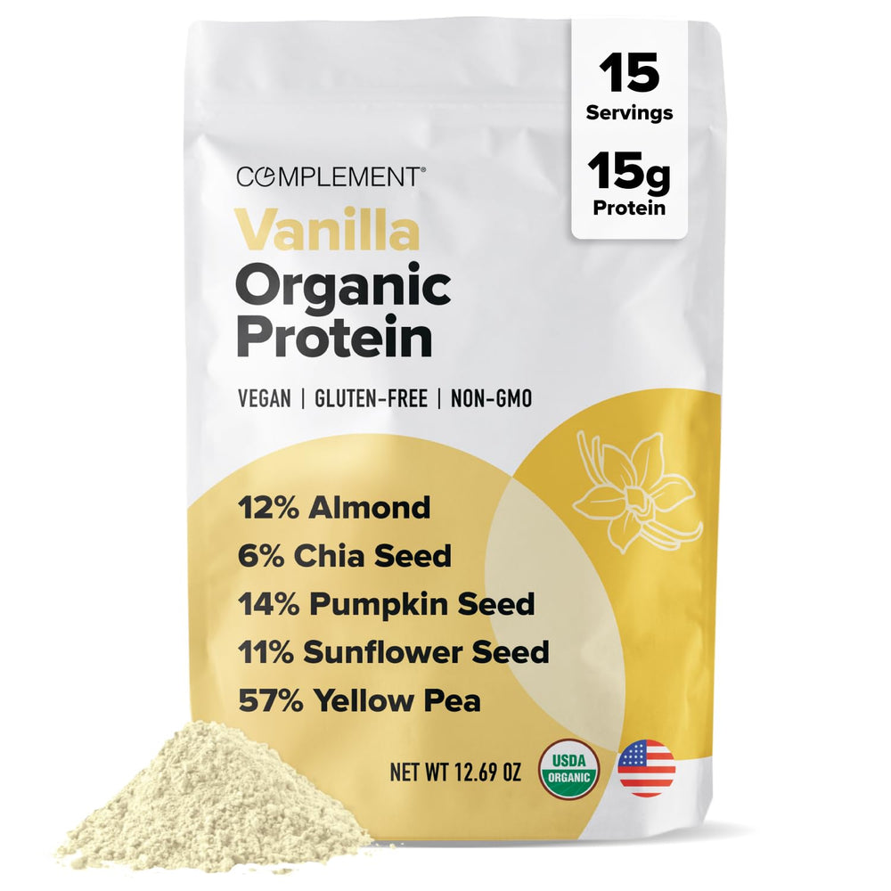 Complement Vanilla Vegan Protein Powder jar highlights a plant-based protein source for everyday nutrition