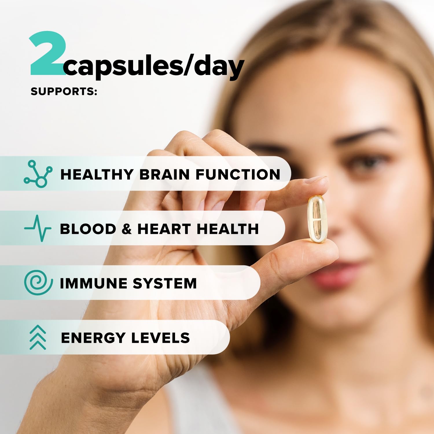 Close-up of Complement omega-3 capsules showing vegan DHA and EPA