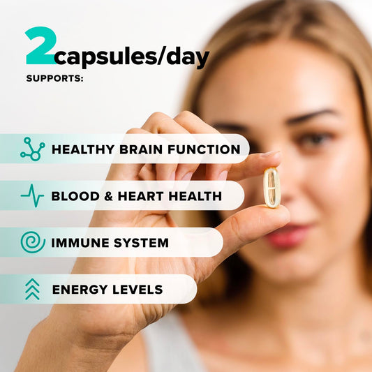 Close-up of Complement omega-3 capsules showing vegan DHA and EPA