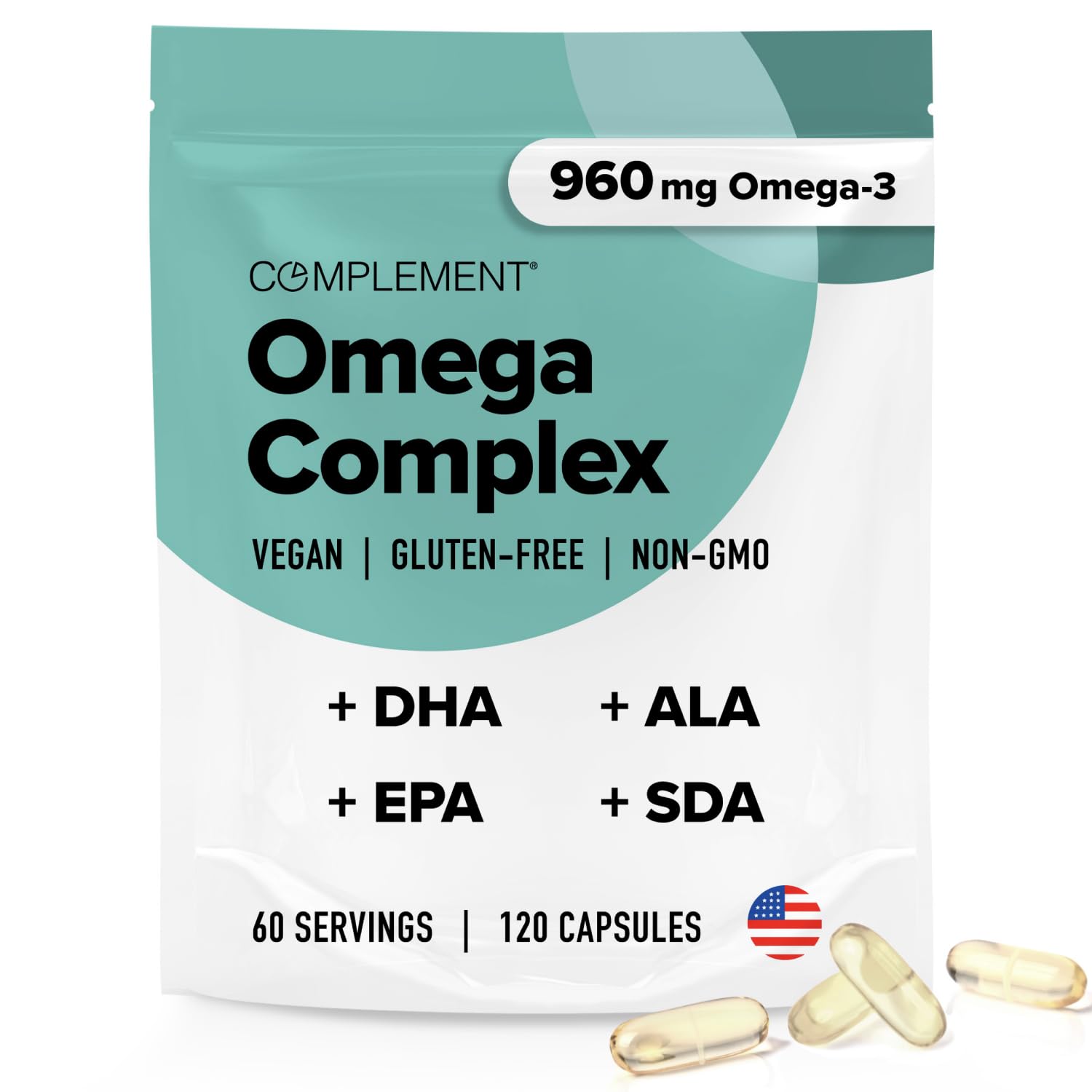 Complement vegan omega-3 bottle with plant-based DHA, EPA, and ALA for daily wellness