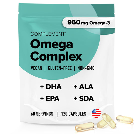Complement vegan omega-3 bottle with plant-based DHA, EPA, and ALA for daily wellness