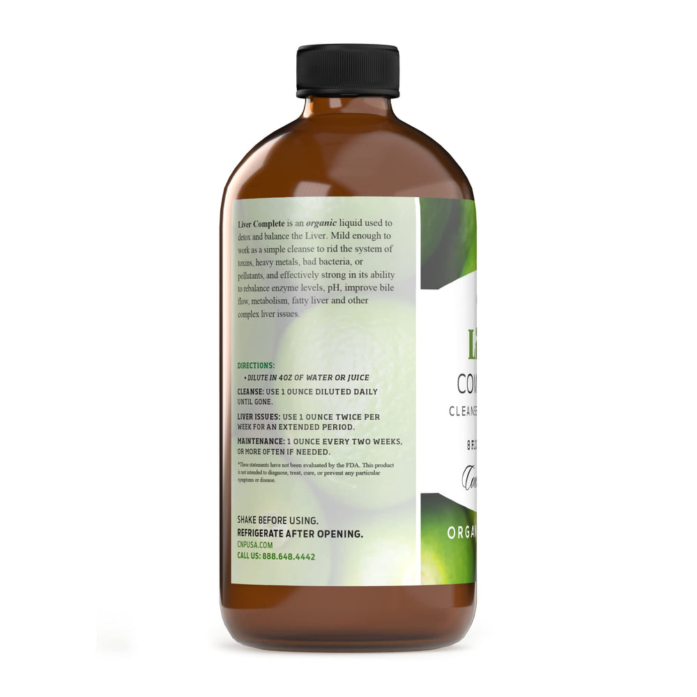 Complete Natural Liver Complete bottle pour illustrates easy liquid dosing for daily detox