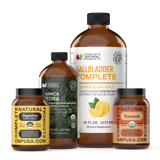 Complete Natural Products Gallbladder Cleanse bottle front shows an organic formula for daily support.
