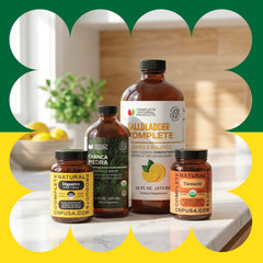 Complete Natural Products Gallbladder Cleanse bottle pour highlights fast-absorbing liquid delivery.