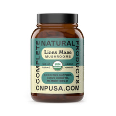 Complete Natural Products Lion's Mane capsules bottle close-up, vegan-friendly supplement for daily focus.