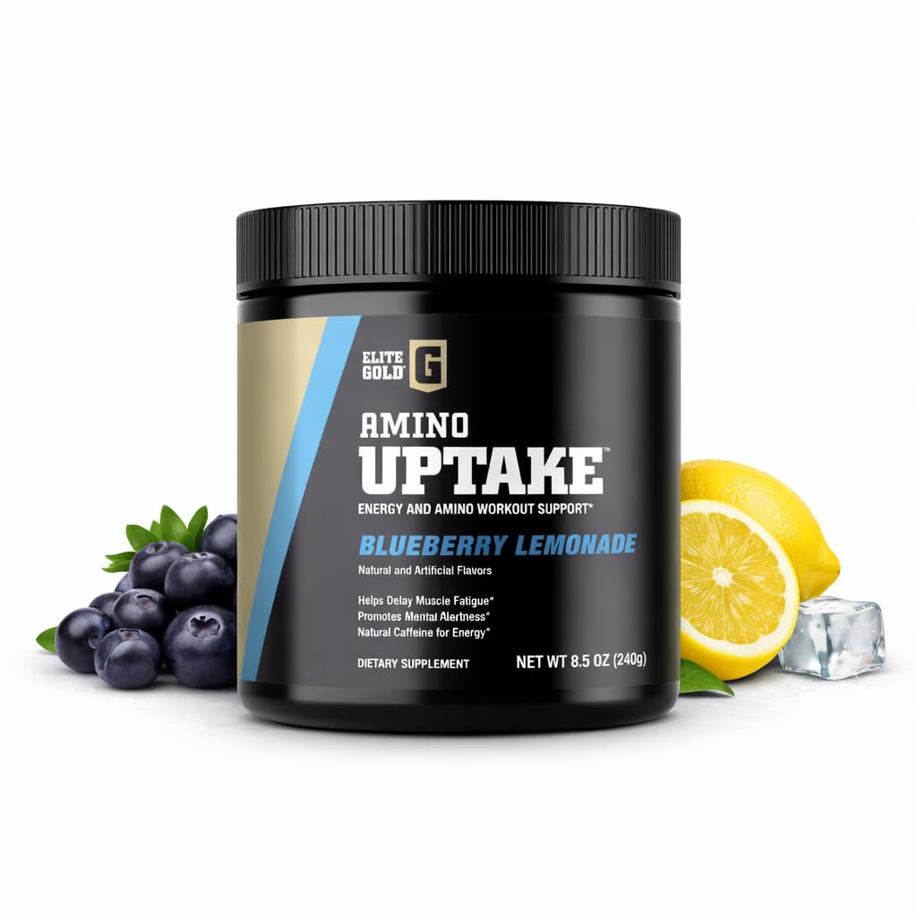 Complete Nutrition Elite Gold Amino Uptake Blueberry Lemonade label highlights premium amino blend for energy support.