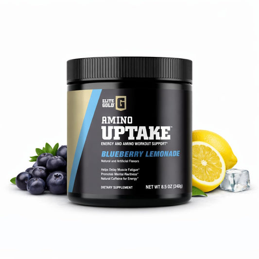 Complete Nutrition Elite Gold Amino Uptake Blueberry Lemonade label highlights premium amino blend for energy support.