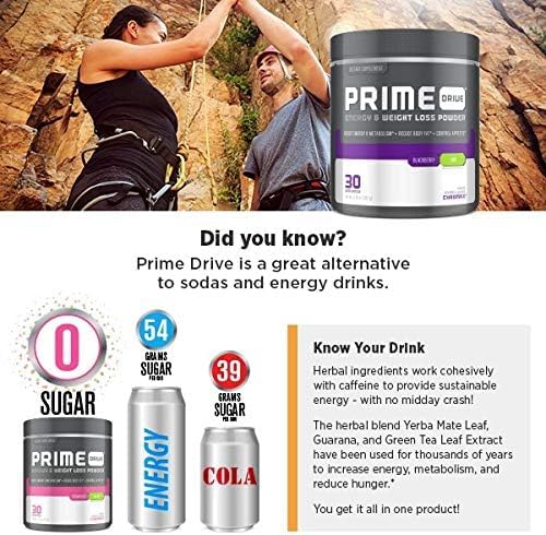 Prime Drive on shelf beside water for on-the-go energy.
