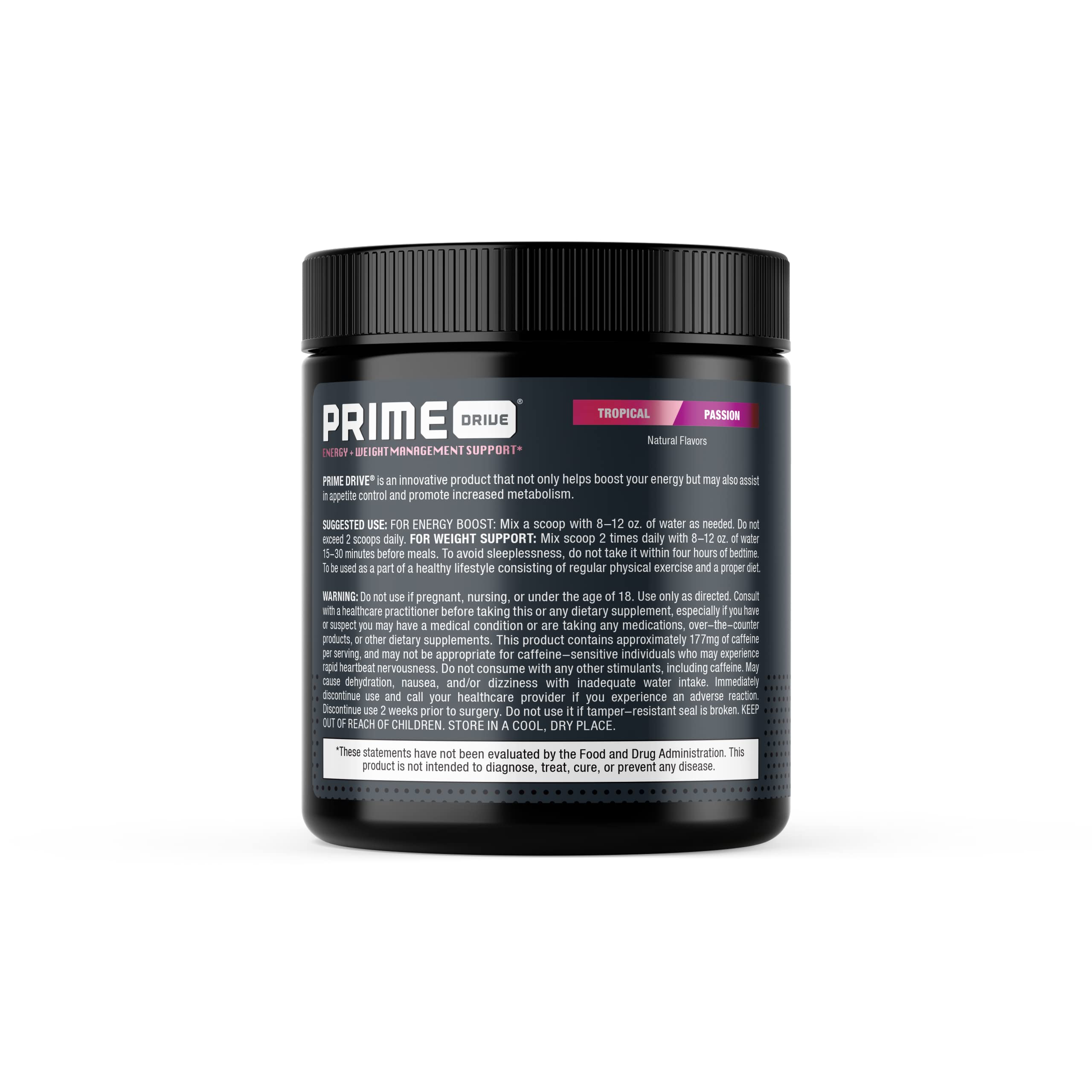 Prime Drive Tropical Passion serving with water for daily metabolism support.